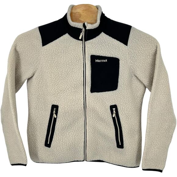 Women's Cream Black Marmot Wiley Sherpa Fleece Full Zip Sweatshirt Jacket Sz L - Picture 1 of 9